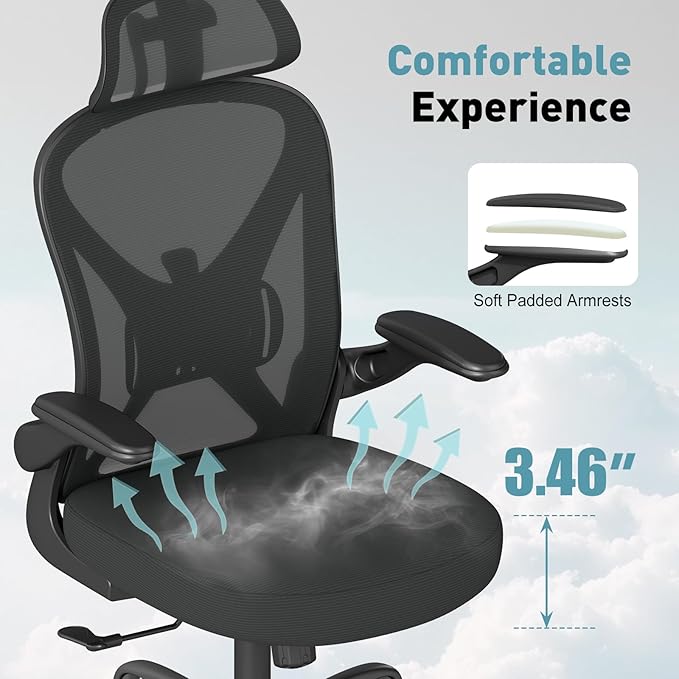 Ergonomic Office Chair with Adjustable Lumbar Support and Headrest, Mesh Home Office Desk Chair with Flip-up Arms and Wheels, Black