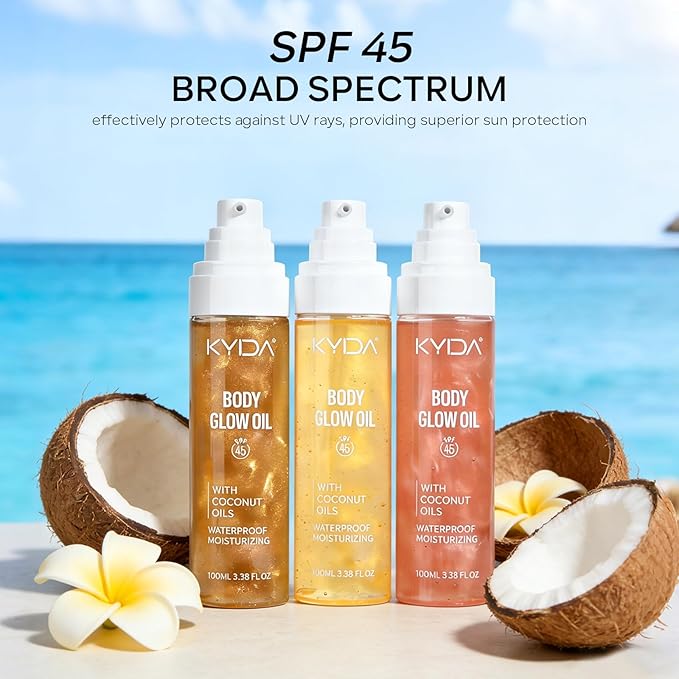 KYDA Travel Size Sunscreen,SPF 45 Sunscreen Spf Body Oil with Gold Mica, Sun-kissed Glow Skin Illuminator, Moisturizing Coconuts Summer Sunscreen, Water Resistant, 3.38 fl oz, AMBER