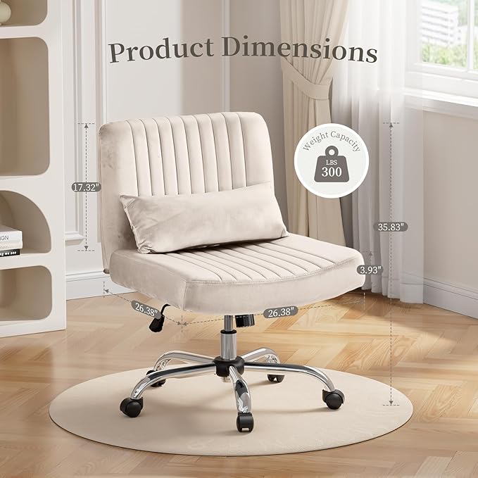 Velvet Office Chair, Luxury Criss Cross Chair with Wheels, Comfy Cross Legged Desk Chair for Home Office, Height Adjustable Vanity Chair, Wide Seat Computer Chair, Gift for Girlfriend, Beige
