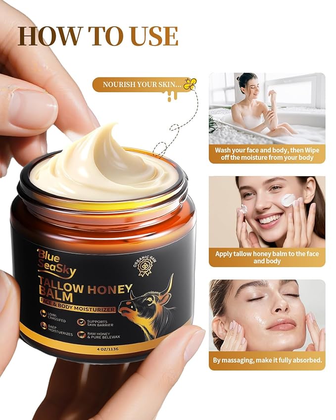 Organic Beef Tallow for Skin Grass-Fed Tallow Balm with Raw Wild & Honey Tallow Moisturizer for Eczema & Rosacea，Non-Comedogenic,Beef Tallow for Face Dry Sensitive Skin,4oz-Unscented