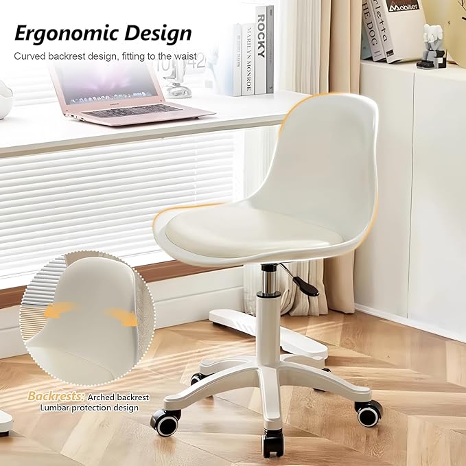 Small Desk Chair Cute Armless Task Vanity Chair with Soft Padded Cushion, Plastic Height Adjustable Home Office Chairs for Teens Girls,White Set of 1