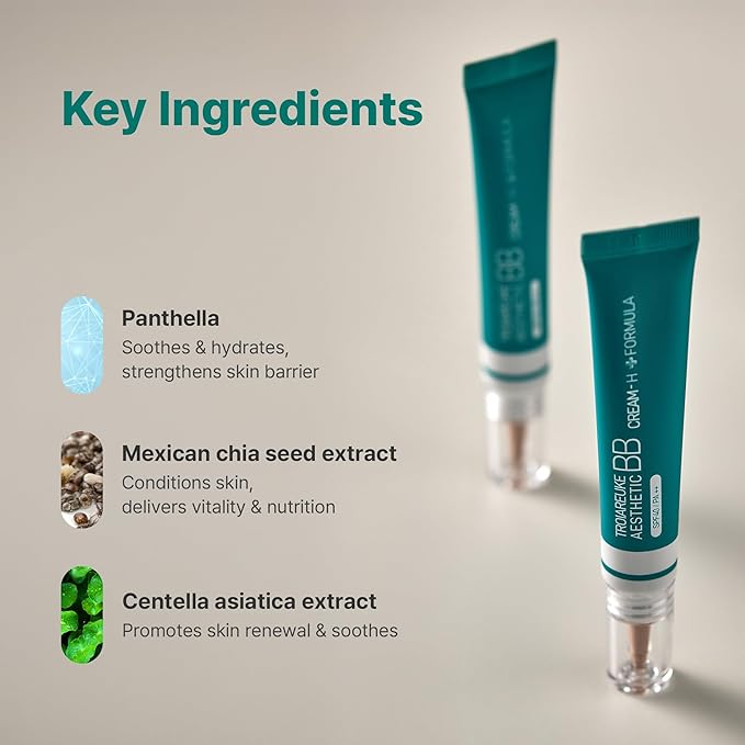 TROIAREUKE Aesthetic BB Cream H+ Formula SPF40+ PA++, Lightweight Blemish Balm, Tinted Moisturizer with Medium Coverage, Lasting Foundation Makeup Base for Dry Skin | Korean Beauty Makeup