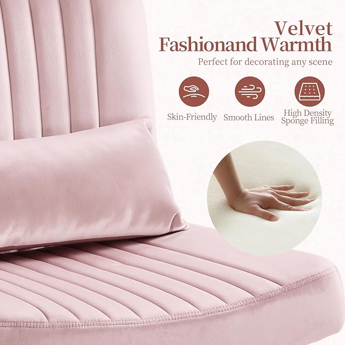 Velvet Criss Cross Chair with Wheels, Luxury Cross Legged Office Chair, Comfy Desk Chair for Home Office, Wide Seat Computer Chair, Armless Vanity Chair, Birthday Gift for Girls & Women, Pink