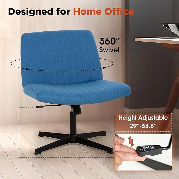 PayLessHere | Criss Cross Chair | Blue | Wide, Armless Desk Chair Without Wheels | 360 Swivel, Height Adjustable & Stable Metal Base | for Office, Home Office, Vanity Seating