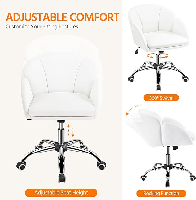 Yaheetech White Desk Chair Vanity Chair with Back Modern Faux Leather Swivel Rolling Office Computer Armchair for Living Room, Bedroom