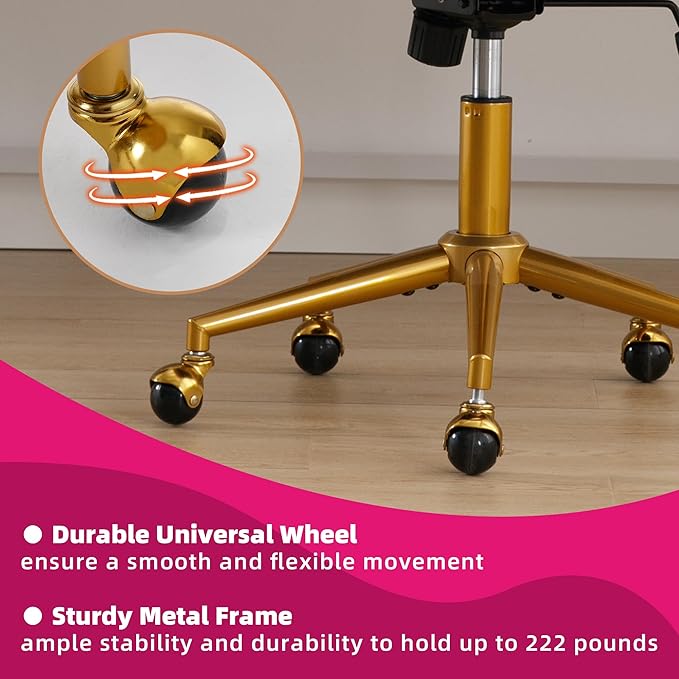 Westice Home Office Desk Chairs, Modern Velvet Rolling Chair, Height Adjustable Swivel Vanity Chair with Golden Base, Ergonomic Chair for Vanity Study, Living Room Computer Room, Hot Pink