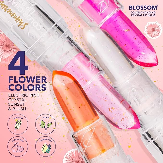 Blossom Lip Gloss Moisturizing pH Lip Balm, Strawberry Scented Color Changing Shimmering Lip Stain Tint, Infused with Real Flowers, 3g, Blush