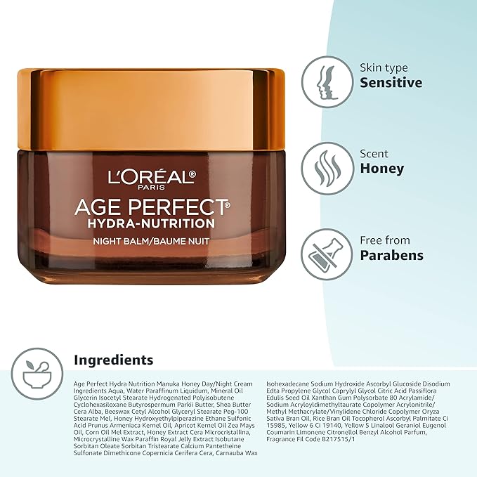 L'Oreal Paris Skincare Age Perfect Hydra Nutrition Ultra Nourishing Honey Night Balm,Face Moisturizer to Comfort,Improve Resilience on Dry Skin,Manuka Honey and Nurturing Oils,1.7 oz.,(Pack of 2)
