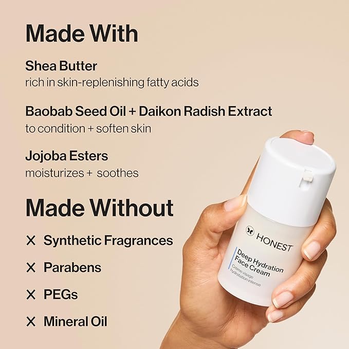 Honest Beauty Deep Hydration Face Cream for Dry Skin, Hydrates and Supports Natural Moisture Barrier, Hypoallergenic, Gentle Sensitive, 1.7 fl oz