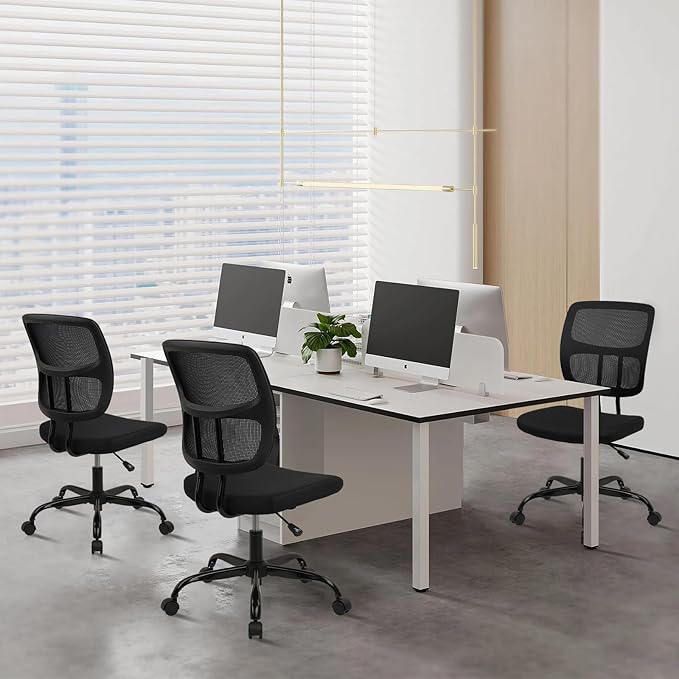 CLATINA Armless Home Office Chair, Small Ergonomic Mesh Back Desk Chair with Lumbar Support and Wheels, Adjustable Height 360° Swivel Rolling Computer Chair for Conference Waiting, Black, 8Pack