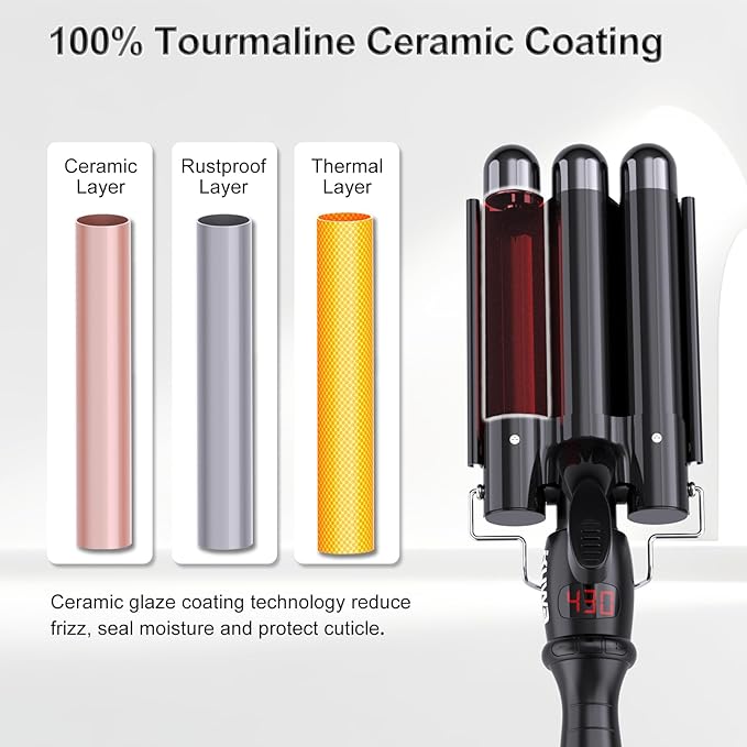 kuwa Three Barrel Curling Iron,Hair Crimper with LCD Temperature Display,1 Inch Crimper Hair Tool,Dual Voltage Hair Crimper,Beach Waver Curling Iron (Black)