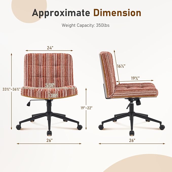 Furnimart Heavy-Duty Curved FSC Wood Desk Chair 360° Swivel, Premium Chenille Criss Cross Chair with Wheels Wide Seat, Comfy Armless Cross Legged Sitting for Bedroom, Office, Vanity(Dark Brown)