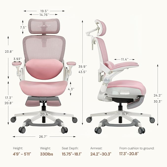 CabLady S2 Petite Ergonomic Office Chair for Women, Small Frame Desk Chair with Adjustable Lumbar, Headrest & Footrest, Space-Saving Flip-Up Armrests