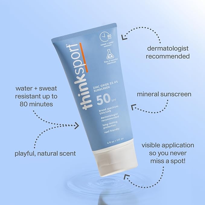 Thinksport SPF 50+ Mineral Sunscreen with Zinc Oxide, 6 Fl Oz – Safe, Natural Sunscreen Lotion for Sports & Active Use, Water Resistant Reef Safe, Broad Spectrum UVA/UVB Sun Screen for Sun Protection