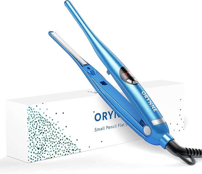 3/10'' Small Pencil Flat Iron for Short Hair, Pixie Cut, Edges. 5s Ultra Fast Heat Up, 270℉-450℉ Adjustable Temperatures, Tourmaline Ceramic & Ionic Technology, Dual Voltage for Travel, Blue