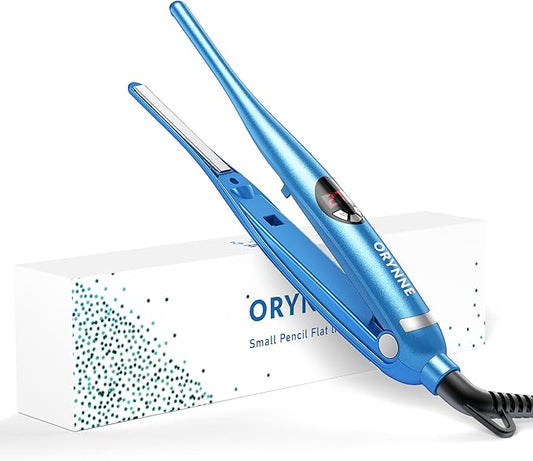 3/10'' Small Pencil Flat Iron for Short Hair, Pixie Cut, Edges. 5s Ultra Fast Heat Up, 270℉-450℉ Adjustable Temperatures, Tourmaline Ceramic & Ionic Technology, Dual Voltage for Travel, Blue