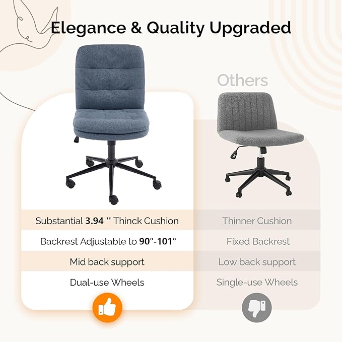 VINGLI Mid Back Armless Office Desk Chair with Wheels/no Wheels,360°Rocking Swivel Vanity Chair with Thickened Cushion,Adjustable Height Rolling for Reading Room, Make up, Linen Navy Blue