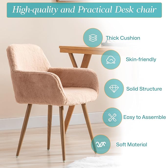Home Office Faux Fur Desk Chair, Fluffy Makeup Vanity Chair, Comfy Accent Armchair with Wood Grain Metal Legs, Cute Dining Chair with Hollowed Back, Camel