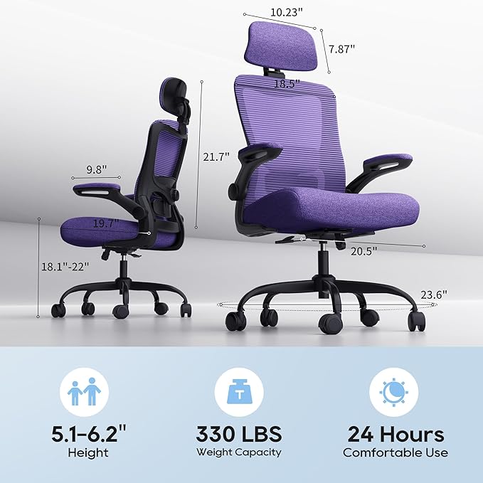 Ergonomic Office Chair, High Back Mesh Desk Chair with Adjustable Lumbar Support & Headrest, Flip-up Armrest, Computer Task Chairs for Home and Executive Office(B-Purple)