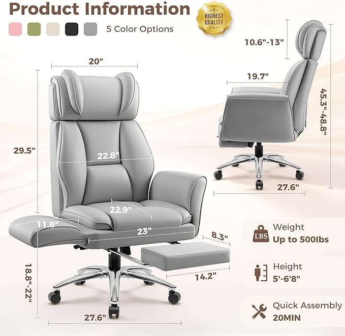 Big and Tall Office Chair, Flip Armrests for Pets & Cross Legged Sitting, Ergonomic Leather Executive Desk Chair with Foot Rest, High-Back Reclining Computer Chairs for Office Home Game - Grey