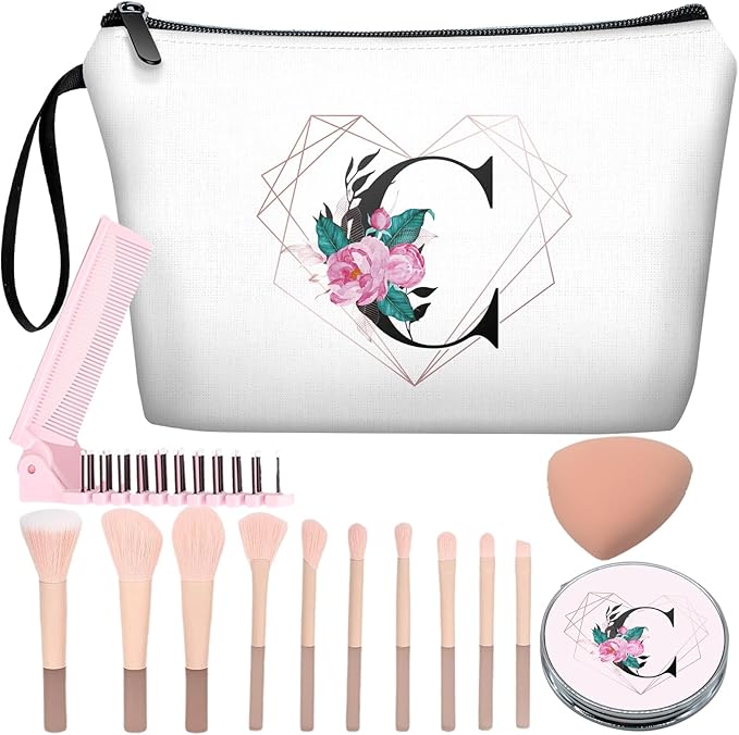 Personalized Initial C floral Makeup Bag set with Mirror for Women,White Ietter Bride Bridesmaid travel Cosmetic bag kit with10 pieces pink brush set,Initial Gifts for Girls Mom femal Friends
