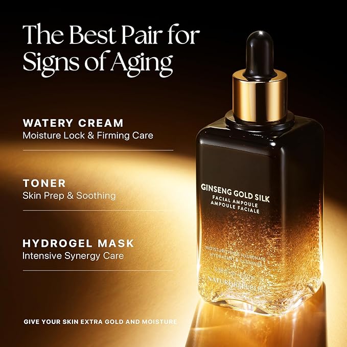 Nature Republic Ginseng Gold Silk Facial Ampoule, Hydrating Glow moisturizer for face, Niacinamide & Silk Amino Acid, Royal Jelly Extract, Korean Skin Care for All Skin Types 100 ml / 3.38 Fl. oz