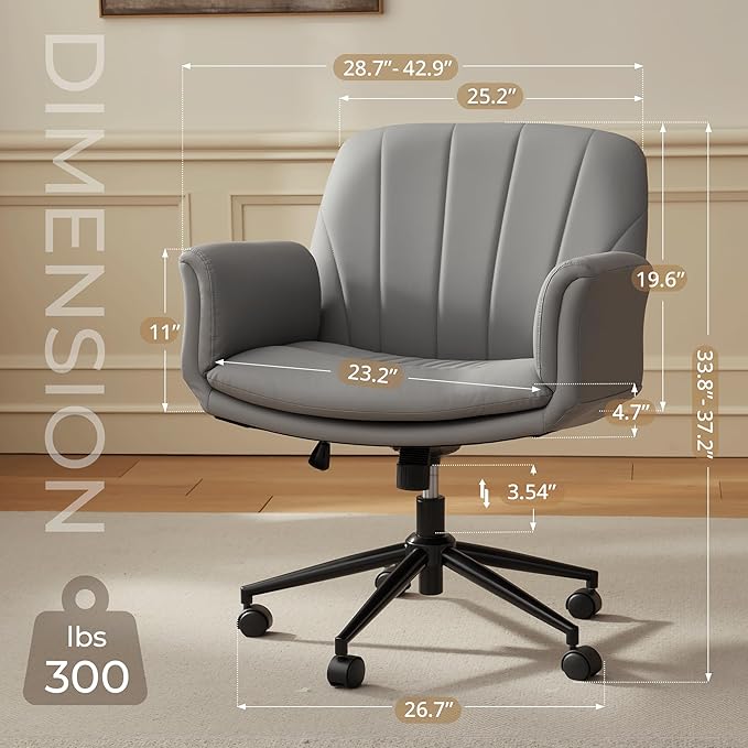Dowinx Criss Cross Chair with Five-Level Adjustable Arms and Wheels - Comfortable Ergonomic PU Leather Swivel Vanity Chair - Computer Makeup Gaming Chair for Home Office, Bedroom, Vanity Room (Grey)