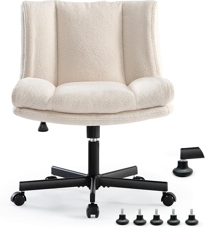 LEAGOO Criss Cross Chair with Wheels, Furry Armless Desk Chair, Comfy Wide Seat Cross Legged Office Chair, Stylish Height Adjustable Cute Swivel Vanity Chair for Home Office, Make Up, Cream White