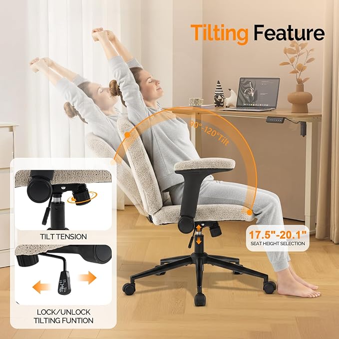 VINGLI Criss Cross Chair with Adjustable Flip-Up Arms,Cross Legged Chair with Wheels,Extra Wide Office Chair,Desk Chair for Home Office,Vanity,Bedroom, Apartment,Starry Chenille,Khaki