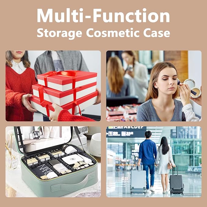 Makeup Bag with Mirror,with Mirror 3 Color Setting and Detachable 10x Magnifying Mirror Large Vanity Makeup Cases,Portable Storage and Adjustable Dividers, for Women and Makeup Artists-Khaki