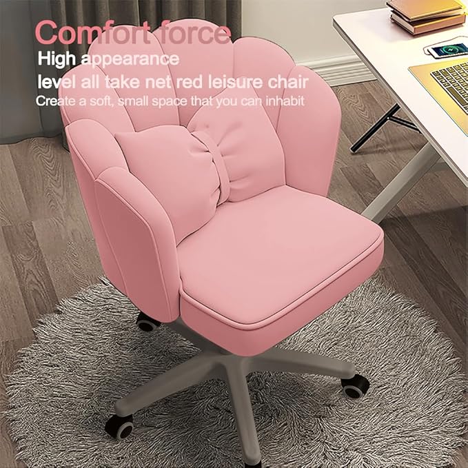 Petal Desk Chair with Bow Cushion Velvet Vanity Chair with Wheels, Upholstered Home Office Chair for Girls Women, Mid-Back Swivel Computer Task Chairs for Living Room Bedroom