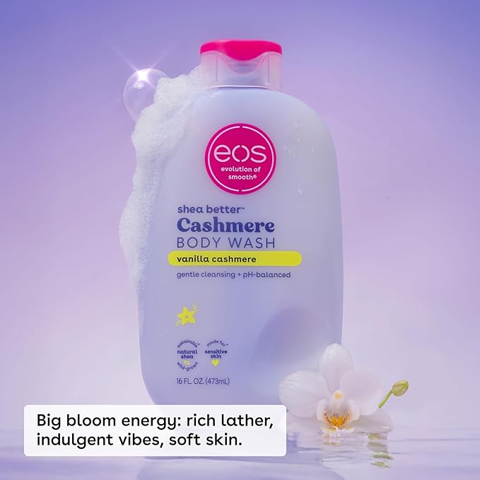 eos Travel Vanilla Cashmere Body Wash- Travel Size Body Wash, Hydrating, Moisturizing, Toiletries, Mini, Shea Butter, 2.5 fl oz