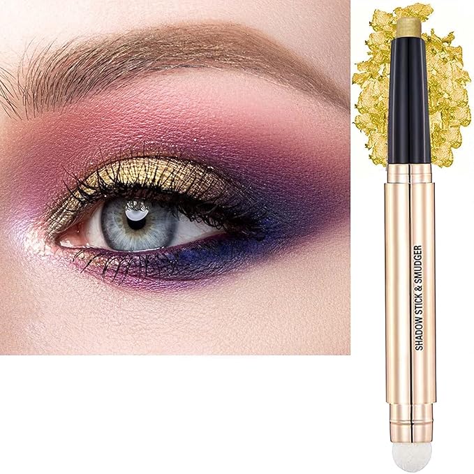 Gold Eyeshadow Stick Cream Shimmer Smooth Eyeshadow Pencil Hypoallergenic Waterproof Long Lasting Eye shadow Highlighter Stick Eye Liner Pen (14# Gold Shimmer)
