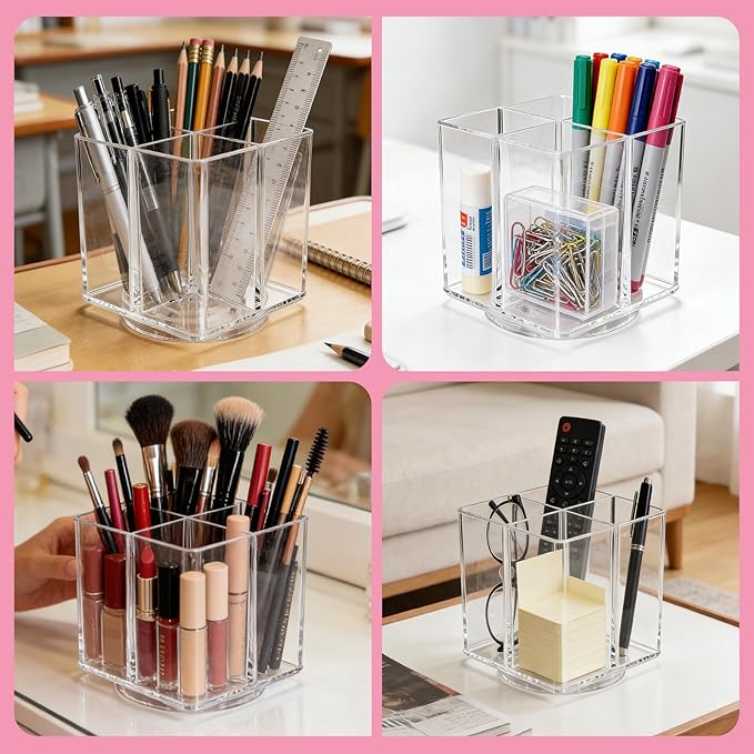 Acrylic Makeup Brush Holder, Clear Rotating Makeup Brush Holder Organizer, 4 Slot Square Make up Brush Stand for Vanity Desk Countertop Bathroom
