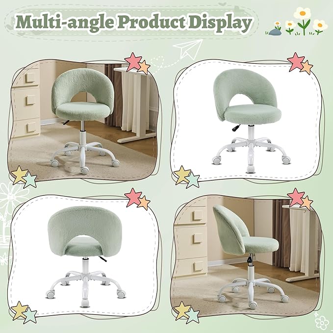 VINGLI Small Vanity Chair with Faux Fur Wheels for Girls,Cute Adjustable Height Armless Office Desk Chair,360°Swivel Comfy Rolling for Study,Make up Room,Small Space,Mint Green