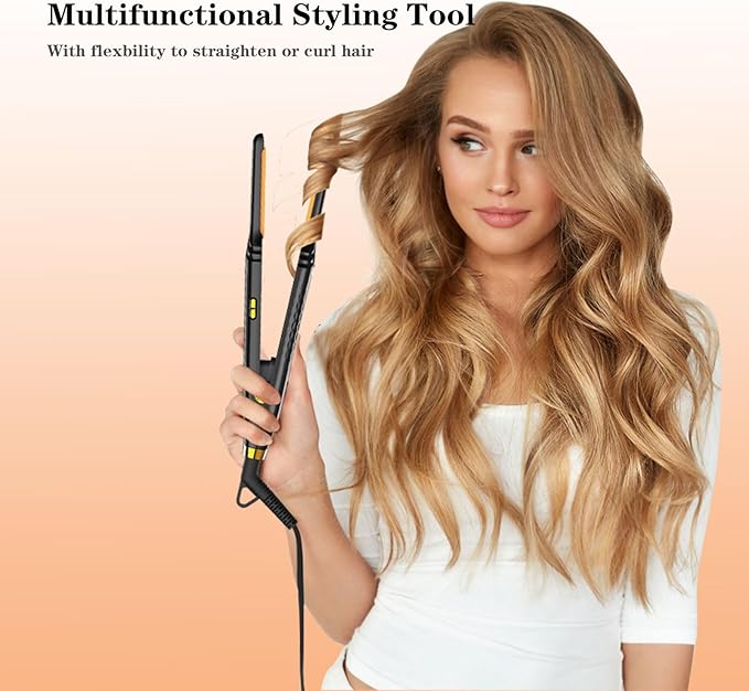Pencil Flat Iron 3/10'' Small Flat Irons for Short Hair,Pixie Cut & Bangs,Mini Hair Straightener for Edge with LED Display,Travel Tiny Hair Straightener with Dual Voltage,Auto Shut Off（Orange）