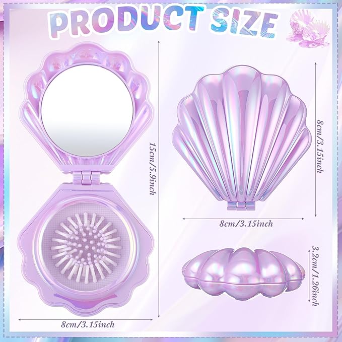 Meanplan 12 Pcs Mermaid Party Favors Shell Hair Brush with Mirror Foldable Mini Travel Pocket Hair Brush Compact Makeup Comb for Women Girls Valentines Day Birthday Gifts(Purple)