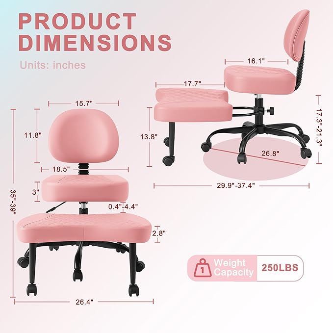 GUNJI Ergonomic Criss Cross Legged Office Chair, 360° Swivel Meditation Kneeling Chair with Wheels, ADHD Chair with Footrest, Lumbar Support, Wider Height Adjustable Seat (Pink, Faux Leather)