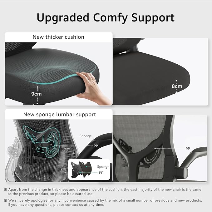 Hbada Office Chair Ergonomic Desk Chair, Office Chairs with PU Silent Wheels, Breathable Mesh Computer Chair with Adjustable Lumbar Support, Flip-up Armrests, Tilt Function, Black