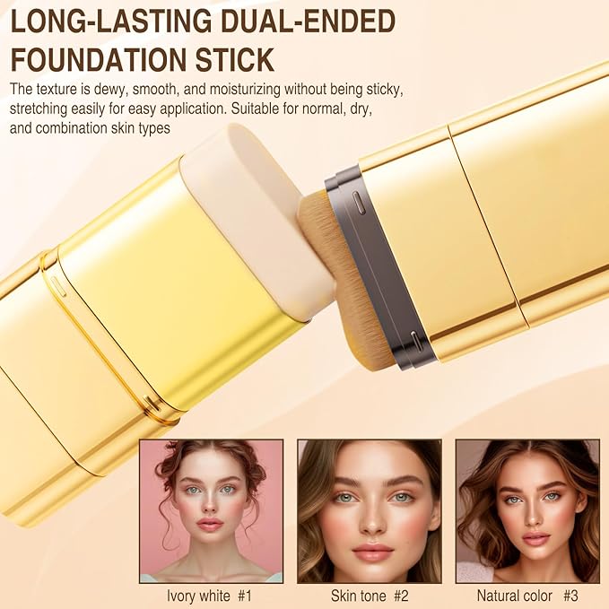 Luminous Dual-Ended Concealer Foundation Stick,Korean 3-in-1 Foundation Stick with Concealer & Brush,Double Head Foundations Make up Sticks,Full Coverage Korean Makeup Skin Tint(#03 Natural Color)