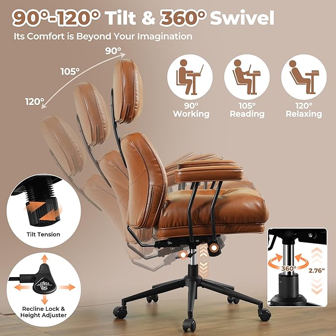 ovios Ergonomic Office Chair, High Back Faux Leather Executive Chairs with Thick Cushion, Comfy Mid-Century Modern Swivel Rolling Computer Armchair (Brown, PU Leather)