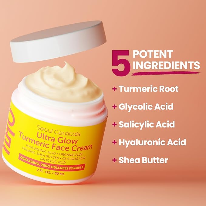 SeoulCeuticals Korean Skin Care Turmeric Cream – Face Moisturizer for Dull Dry Skin - Korean Skincare K Beauty for Glass Skin 2oz