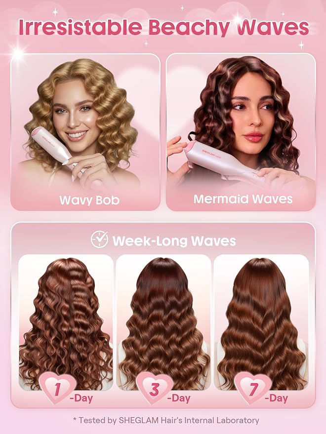 SHEGLAM Pink Beach Wave Hair Waver 0.75 inch - Lightweight Dual Voltage Crimper for Women, Smart Timer Double Barrel Tool with Adjustable Temps & Anti-Scald for Mermaid Waves on Short Hair
