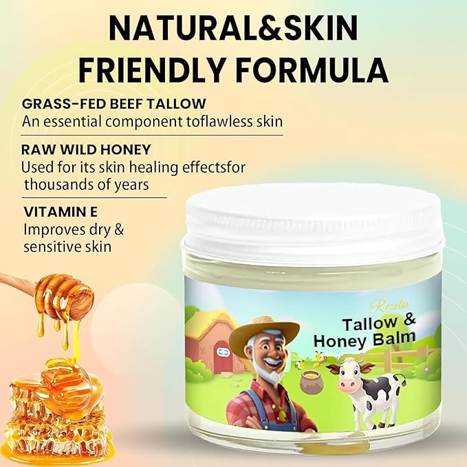 Tallow and Honey Balm, Tallow Face Moisturizer, Beef Tallow for Skin, Handmade All-Natural Moisturizer with Grass-Fed Beef Tallow & Raw Wild Honey for Smooth, Hydrated Skin, Natural Formula