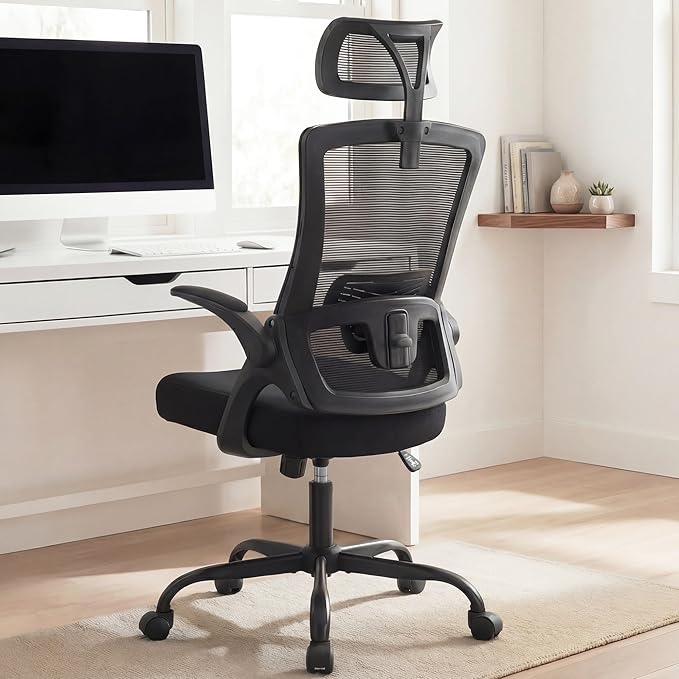 NEO Chair Office Chair High Back Desk Chair Comfy Gaming Computer Mesh Seat with Ergonomic Lumbar Adjustable Headrest Rolling Flip-up Armrests and Wheels (All Black)