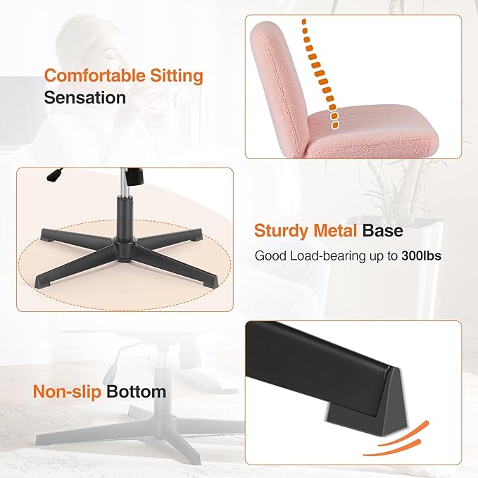 Sweetcrispy Criss Cross Chair Legged, Armless Office Wide Desk Chair No Wheels, Swivel Vanity Height Adjustable Fabric Modern Computer Task Seating for Home - Teddy Pink