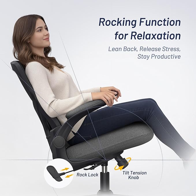 Office Desk Chair for Long Hours & Lower Back Pain Relief – 4“ Thick Molded Foam Cushion, Enhanced Lumbar Support, Padded Flip-up Armrests, Ideal for Office or Study, Dark Gray