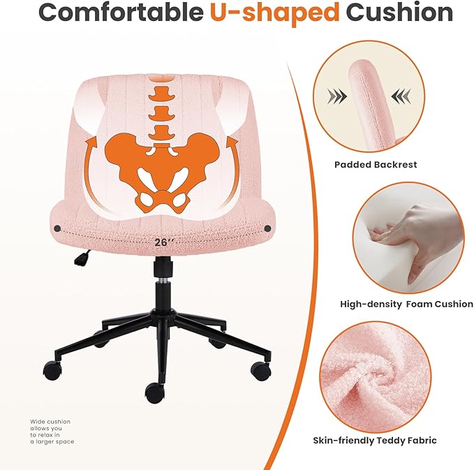 Sweetcrispy Criss Cross Chair Legged with Wheel, Armless Office Swivel Desk Chair with Wheel, Vanity Height Adjustable Wide Seat Comfy Cute Computer Task Seating for Home Bedroom