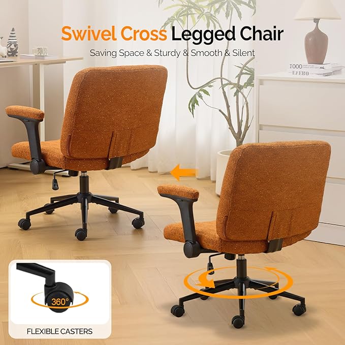 VINGLI Criss Cross Chair with Adjustable Flip-Up Arms,Cross Legged Chair with Wheels,Extra Wide Office Chair,Desk Chair for Home Office,Vanity,Bedroom, Apartment,Starry Chenille,Burnt Orange