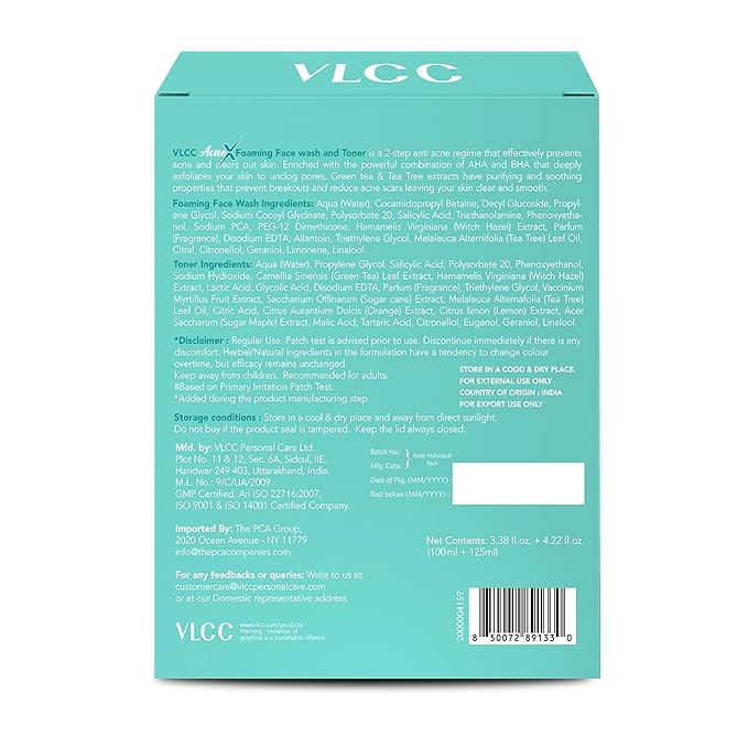 VLCC AcneX Face Wash Plus Toner - Foaming Facial Cleanser with Salicylic Acid - Face Toner with Tea Tree and Witch Hazel - Skincare Set - 2 pc